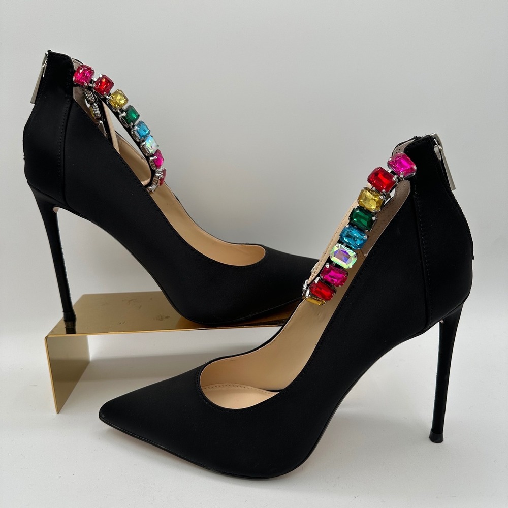 JESSICA SIMPSON Samiyah Jewel Ankle Strap Point Toe Pumps Black Matte Satin 6.5 - Picture 3 of 16